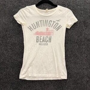 Hollister Huntington Beach Womens Small White Graphic Baby Tee Y2K Casual